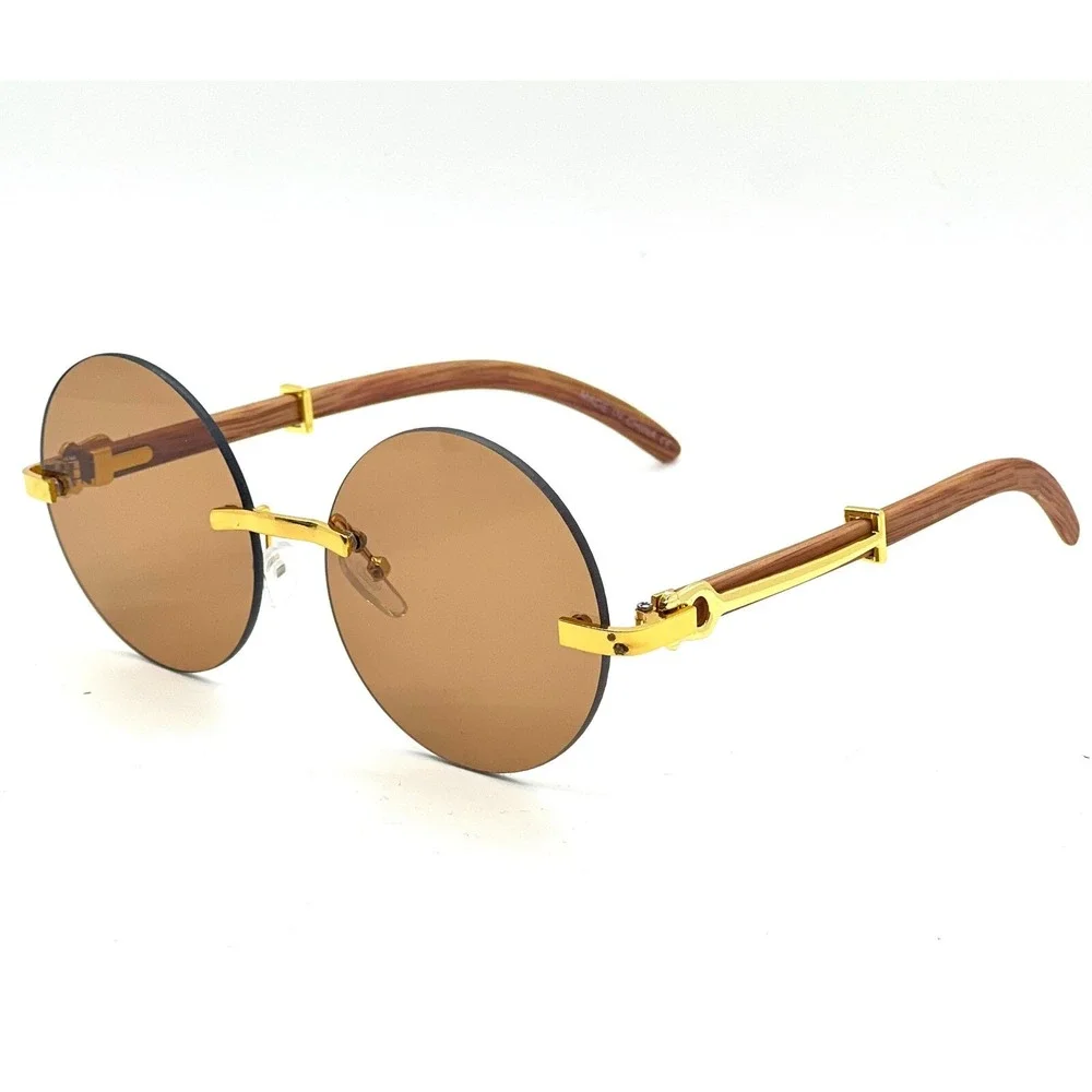 Rimless Sunglasses Round‎ Lens Wood Arms Gold Accents Men's Fashion Street Wear